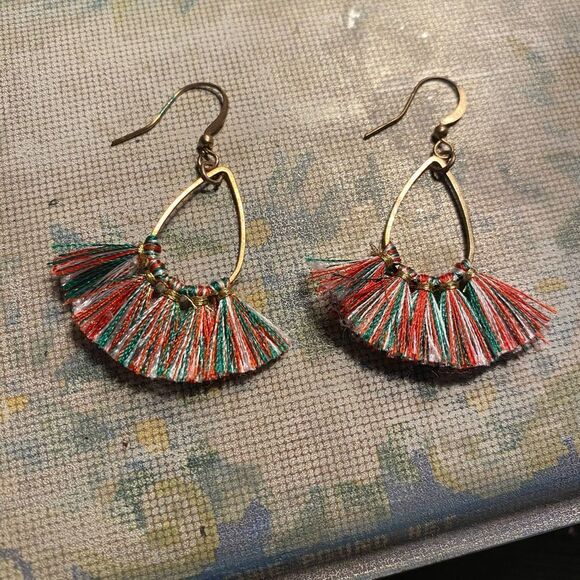 Holiday Red and Green Fringe Dangly Earrings - Picture 1 of 3